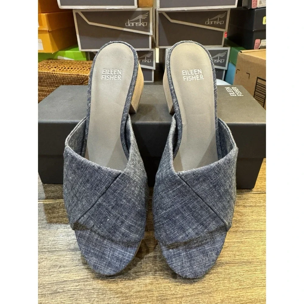 Eileen Fisher Ruche Mule Sandals Chambray‎ Blue Denim Block Heel Comfort Size 7
